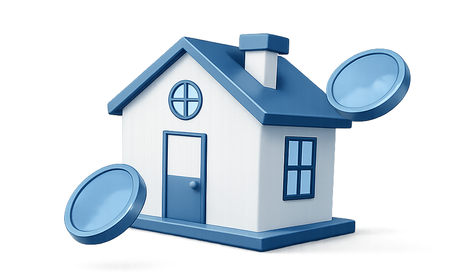 Casa 3D com moedas flutuando ao redor, representando o aluguel antecipado